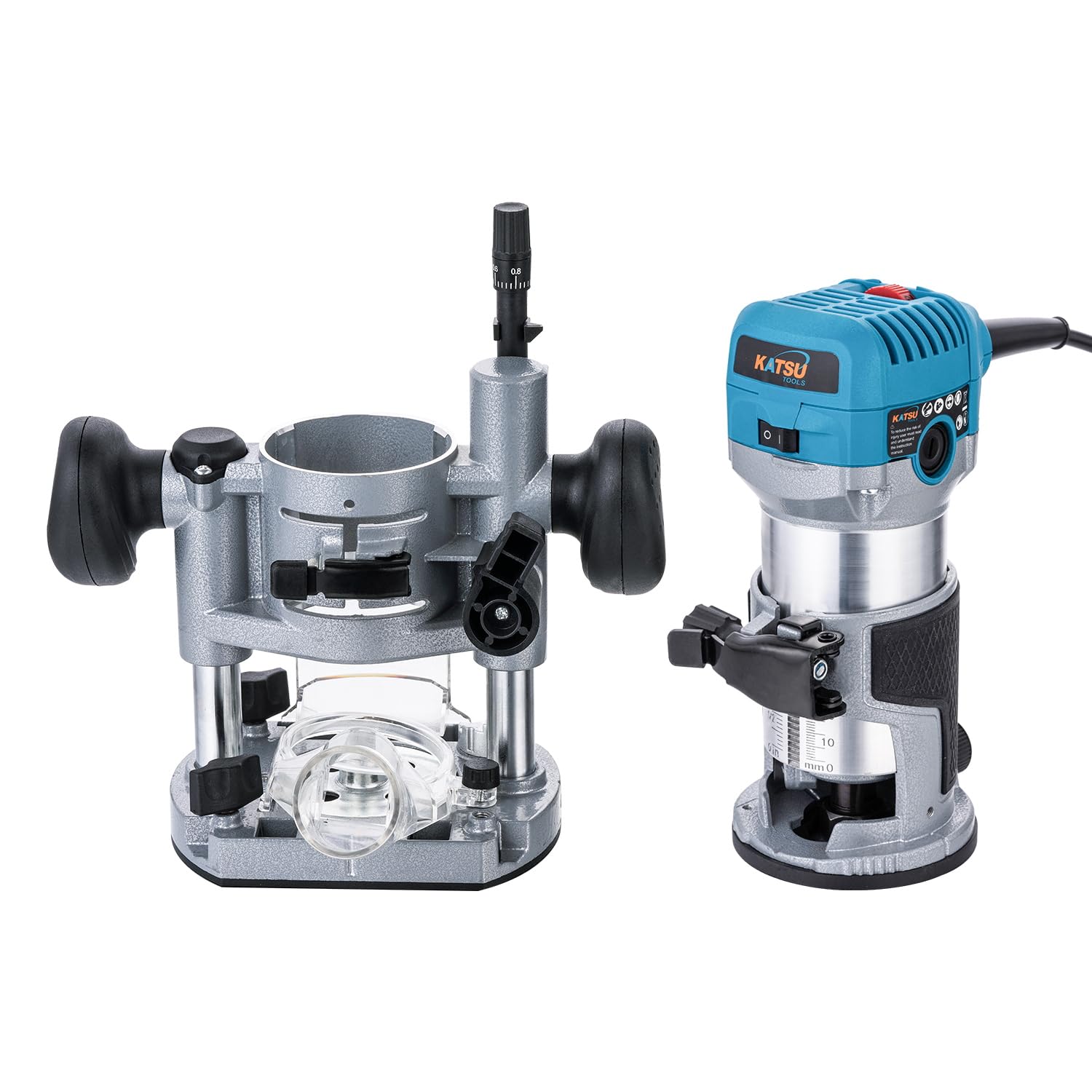 KATSU Tools Electric Hand Trimmer Wood Router Laminator Joiners Tool 710W with Soft Start, Plunge Base, Aluminum Body, 3 Chuck Collets 1/4", 6mm and 8mm for DIY Woodworking 101743