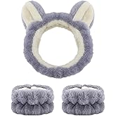 JazSwirl Face Wash Headband and Wristband Set, 3 Pcs Skincare Headband and Wristband Set 1 Face Wash Headband 2 Face Wash Wristbands, Cute Animal Ears Plush Headbands for Washing Face (Grey Cat, 1)