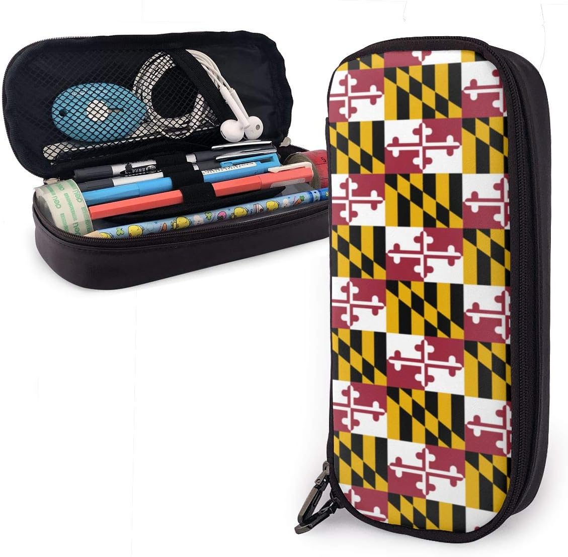 Maryland State Flag Leather Pencil Case for Adults and Students,Pen Case Makeup Pouch for Purse Zipper Pouch for Pencils Pens Markers
