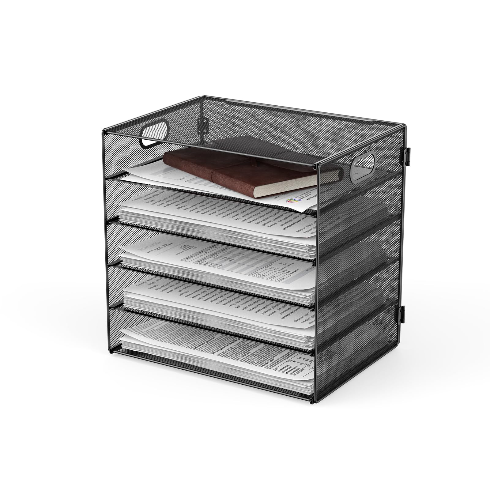 JOPOO 5 Tier Letter Filing Tray, A4 Paper Storage Organiser, Mesh Desk Magazine File Racks for Home Office Supplies, Black