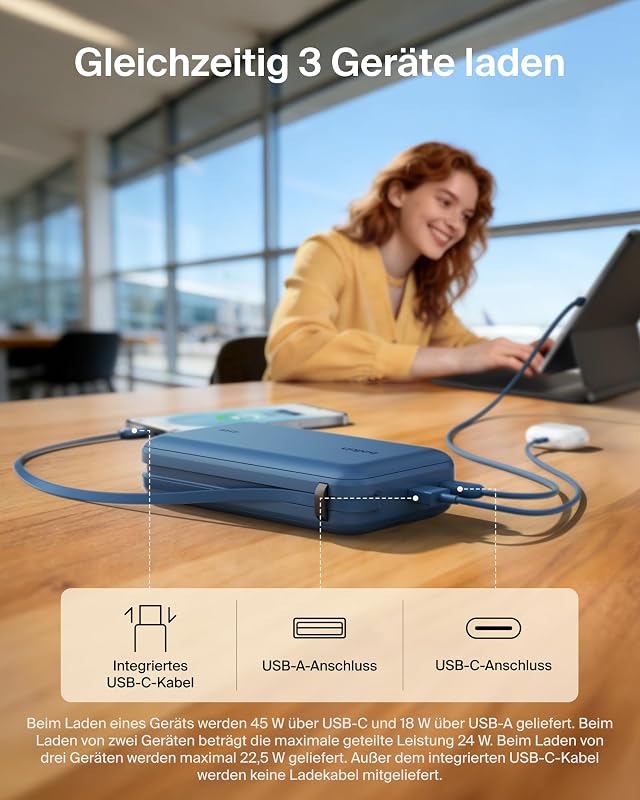 UltraCharge 20000mAh Power Bank, USB-C-Kabel und Anzeige – Blau
