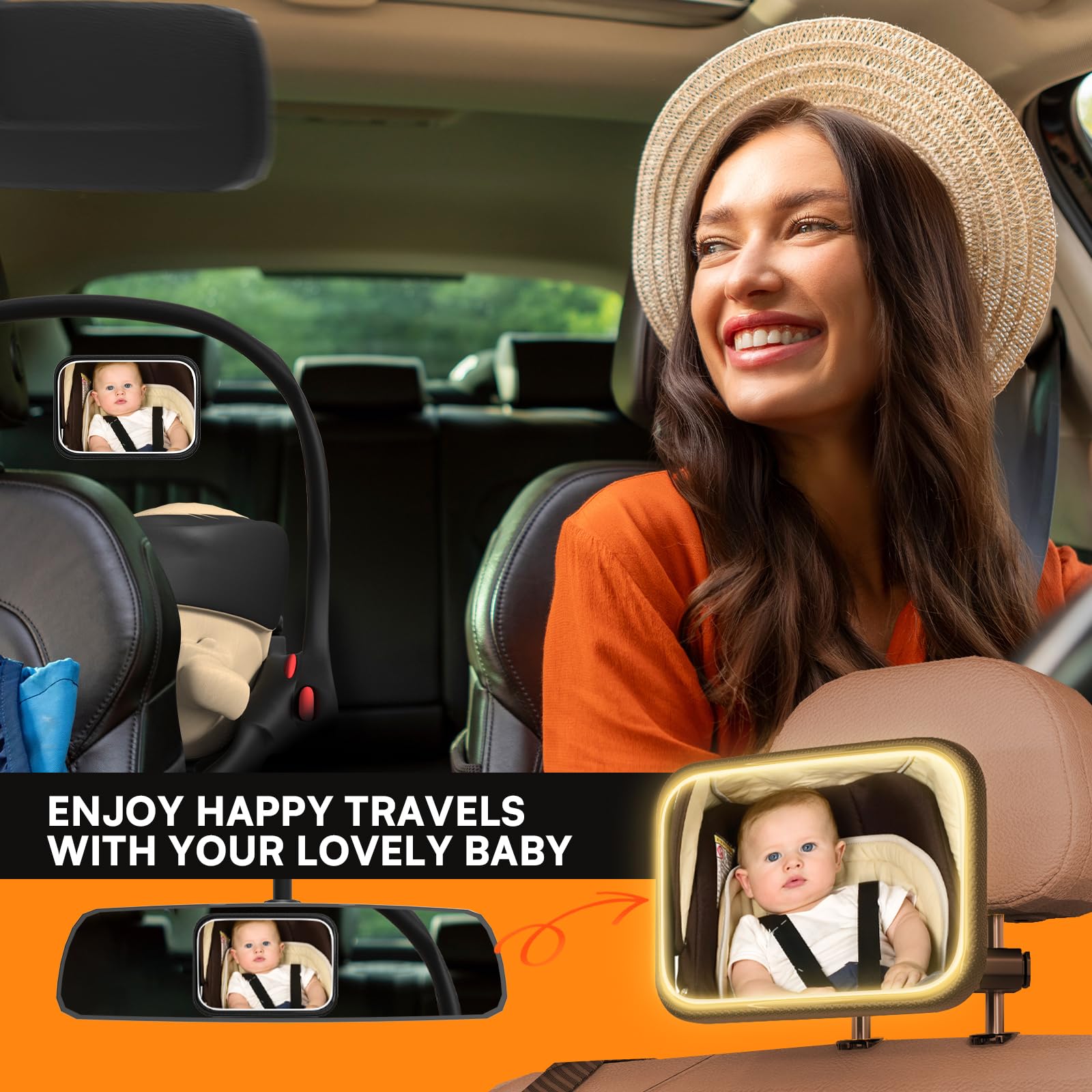 Baby Car Mirror with Light - Rechargeable Baby Mirror for Car with Remote Control, Clear Vision, 360° Rotation Rear Facing Car Seat Mirror, Shock and Shatter Resistant