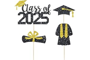 VETWO 4 Pcs Class of 2025 Cake Topper Black Gold Glitter 2025 Graduation Party Cake Decor Congrats Grad/High School/We are So Proud of You/Happy Graduation 2025 Graduate Party Cake Supplies Decorations