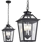 Smeike Large Outdoor Pendant Light Fixtures 3-Light Black Exterior Hanging Lantern with Clear Glass Outside Chandelier for Po