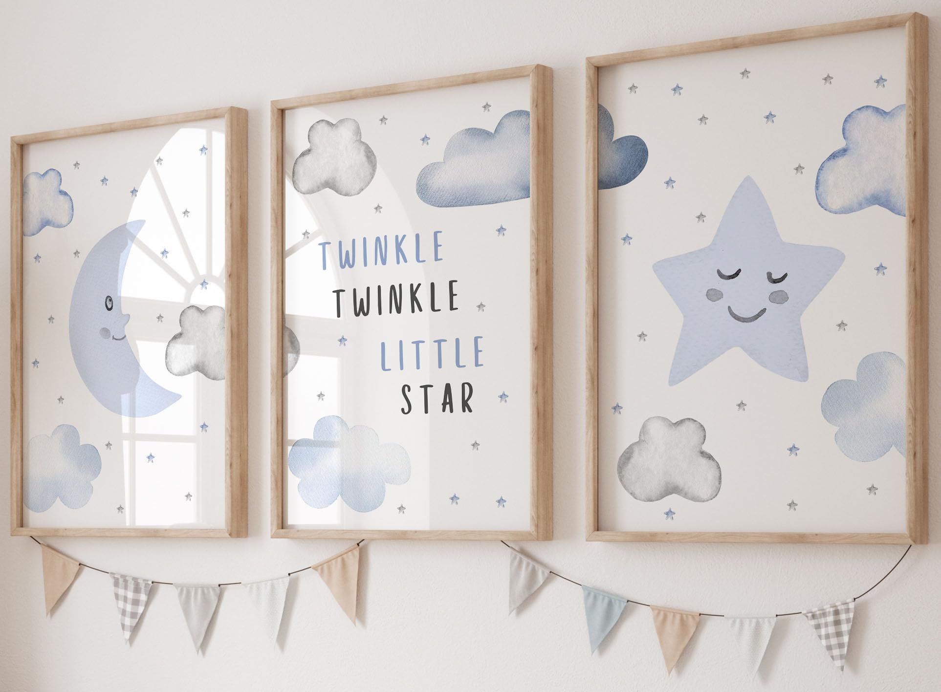Twinkle Twinkle Little Star Set of 3 Unframed Prints, Girls Boys Nursery Decor Wall Art, Bedroom Decor, Playroom Poster, Nursery Rhyme, Moon Clouds Stars (A3)