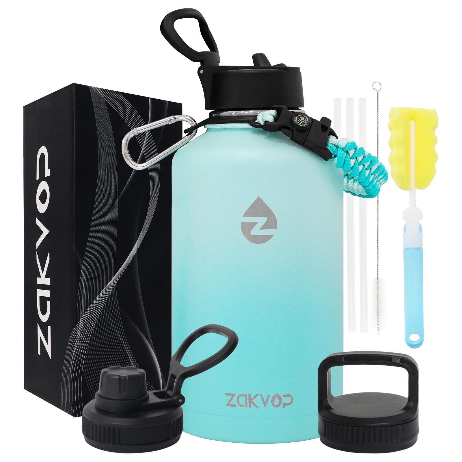 ZAKVOP 2L Insulated Water Bottle with Straws & 3 Lids, Stainless Steel with Paracord Handle, 2 Litre for Gym, Hiking, Camping — image 1
