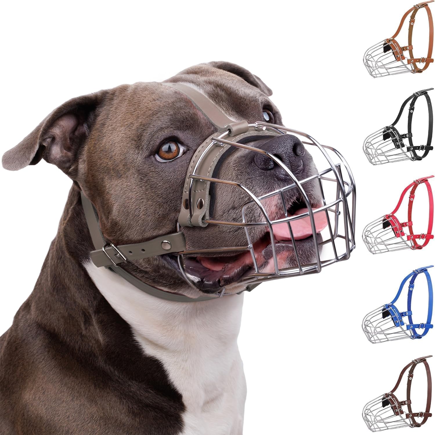 BRONZEDOG Pitbull Dog Muzzle Breathable Metal Basket for Large Dogs Amstaff Staffordshire Terrier Biting Chewing Barking (Gray)
