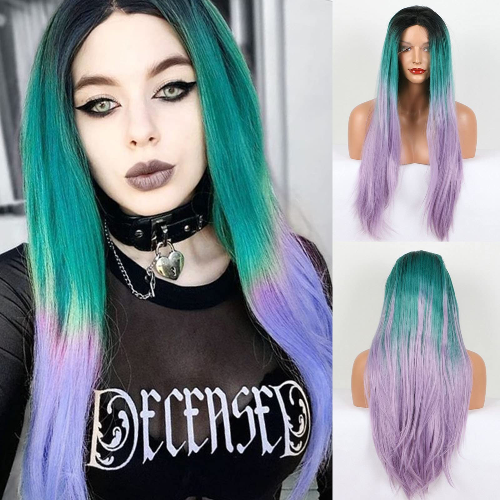Green Purple Lace Front Wigs, Long Straight Hair Ombre Green Wig With Baby Hair Glueless Heat Resistant Fiber Hair Synthetic Lace Front Wigs for Fashion Women Daily Party Lace Wig