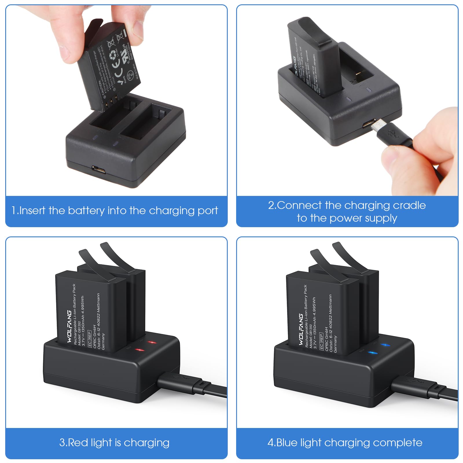 Contents of the WOLFANG GB1350 Battery Pack, including two batteries, a charger, and a USB cable