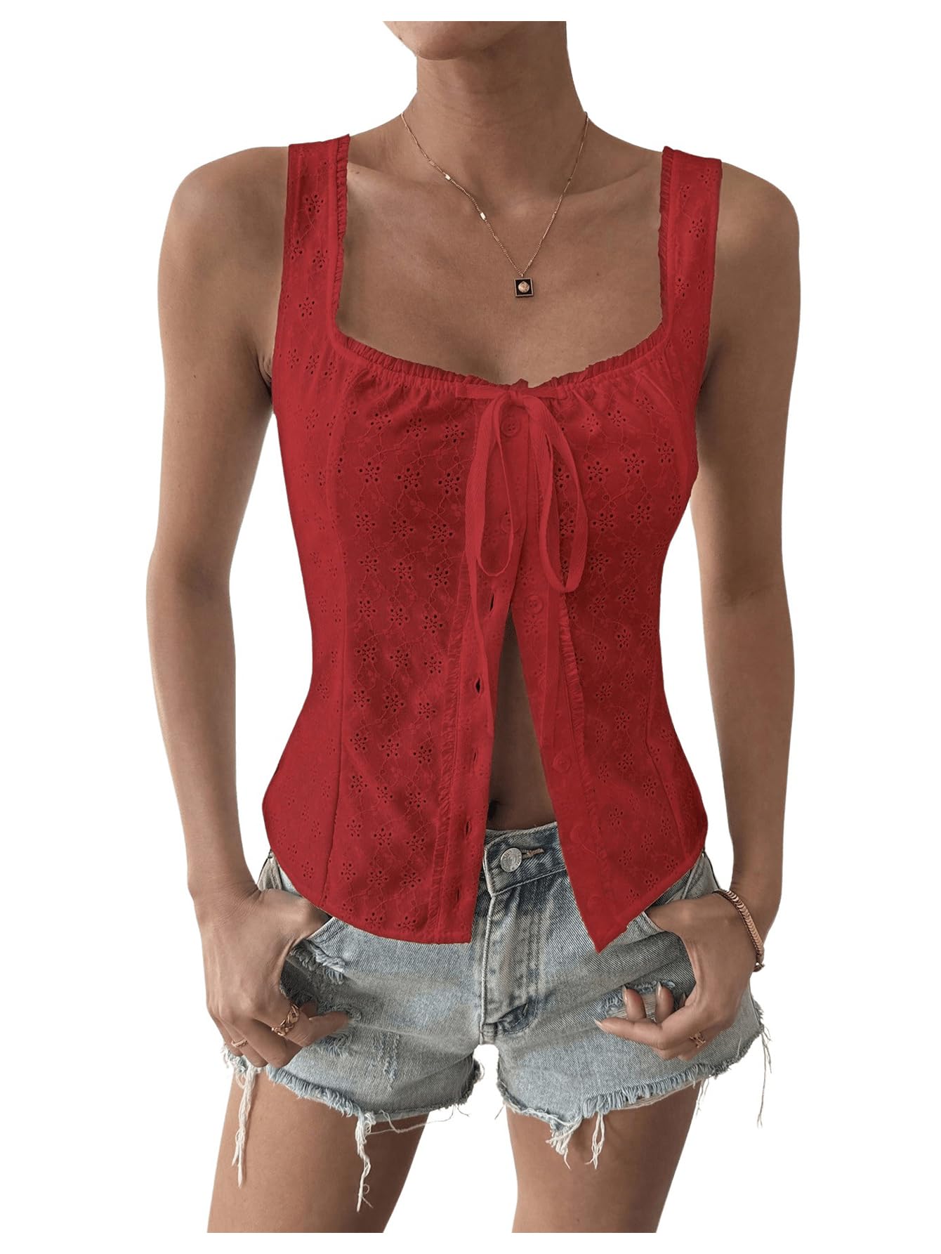 Photo 1 of (XL) Floerns Women's Button Front Sleeveless Eyelet Embroidery Sleeveless Tank Top Red X-Large