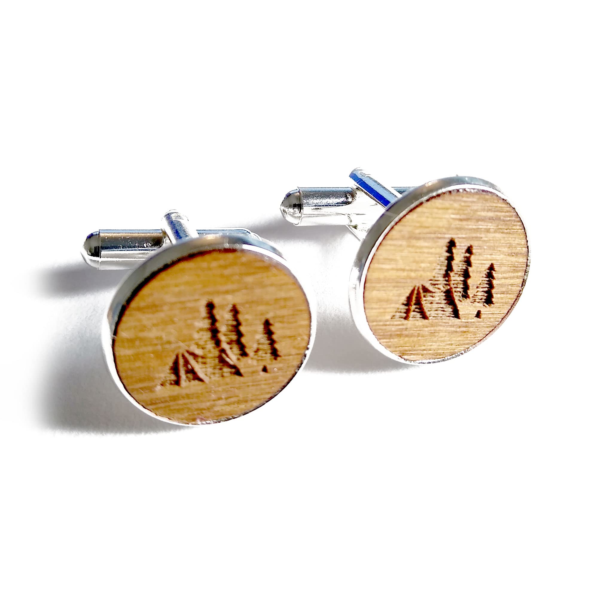 Camping Cufflinks, Handmade Engraved Wooden Birthday Gift, 5th Wedding Anniversary Present, With Gift Box