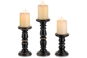 Inweder Wood Candle Holders for Pillar Candles, Solid Farmhouse Candle Holders (Set of 3), Tall Candle Holder, Stable Black Candle Holder for Home Decor, Fireplace, Event, Black