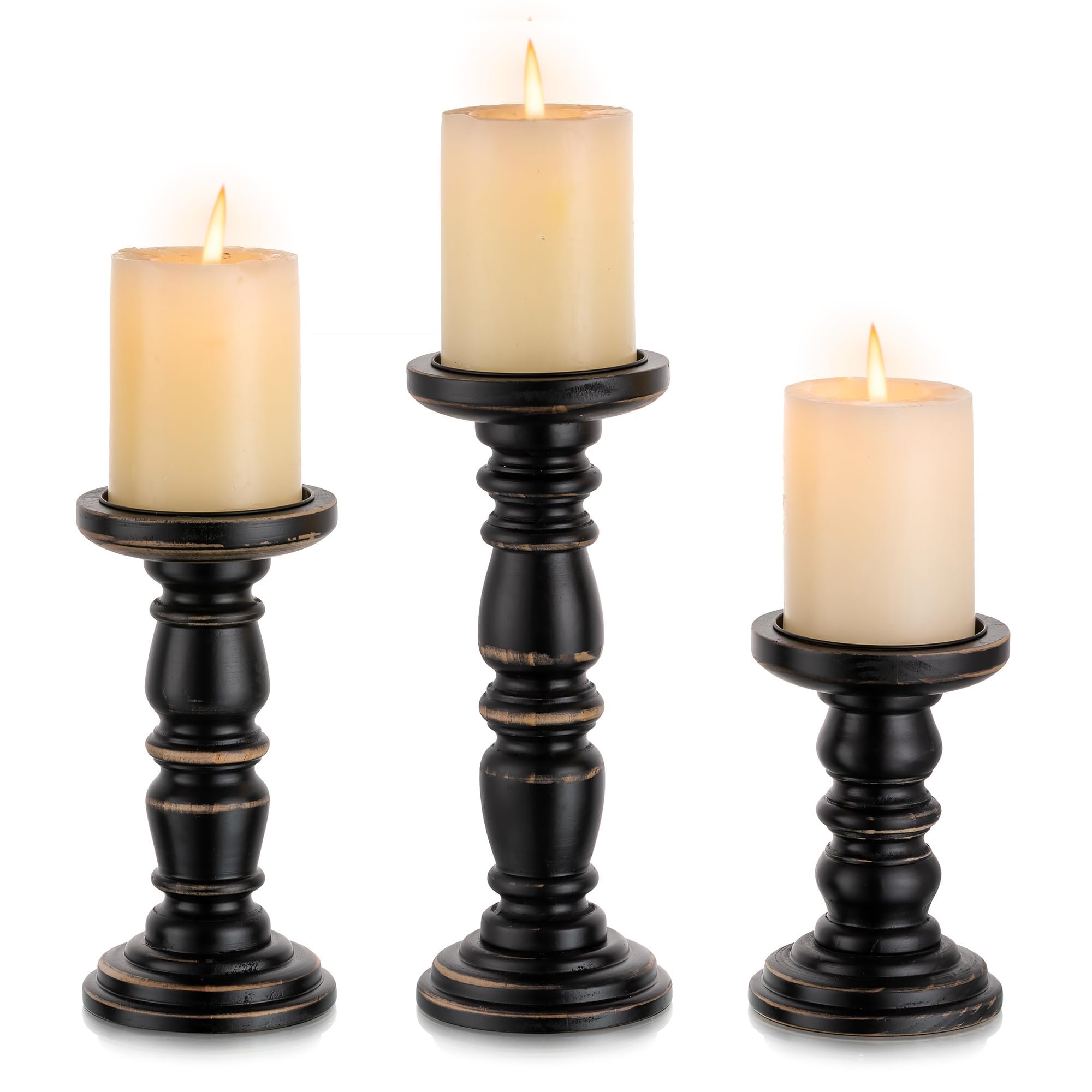Inweder Wooden Pillar Candle Holder: Black Rustic Candle Holders for Pillar Candles Farmhouse Decor for Halloween Christmas Fireplace Table Centrepieces Home