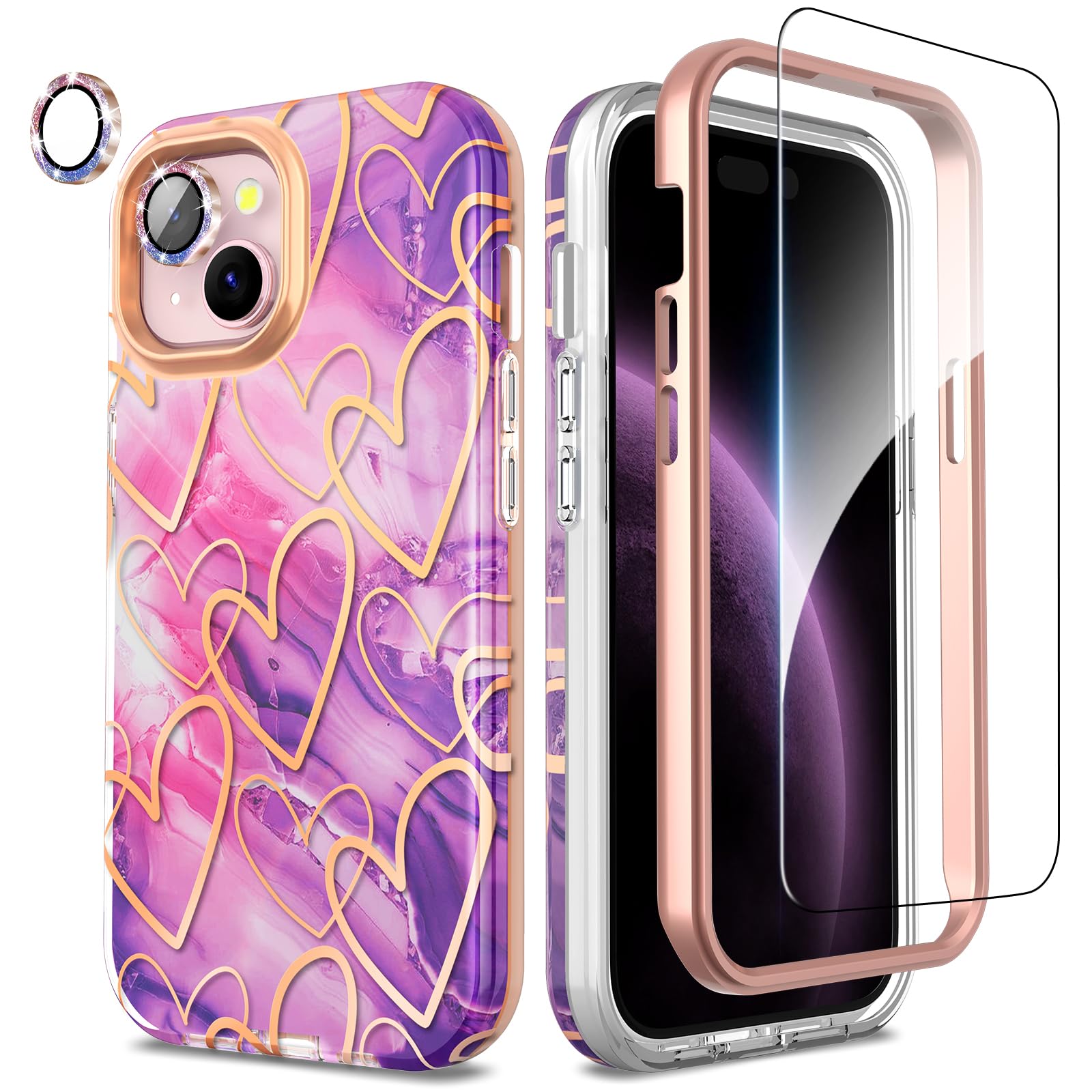 SHEDEER for iPhone 15 Case with Glitter Camera Protector + Screen Protector, Chic Anti-Yellowing Pattern, Shockproof Drop Protection Anti-Scratch Phone Cover iPhone 15 6.1'', Purple Heart