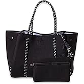 POPUPS Large Neoprene Tote Bag for Women - Everyday Designer Handbag for Travel Work and Beach with Pockets and Zipper Pouch