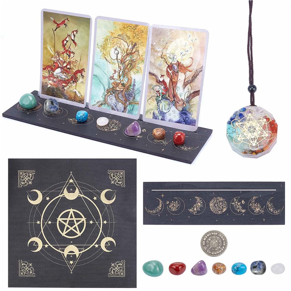CRASPIRE Tarot Card kit Wooden Tarot Card Stand Holder with Altar Tablecloth, 7 Chakra Pendant Necklace, Gemstone, 12Pcs Challenge Coin Witch Divination Tools Tarot Card Accessories