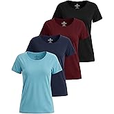 Real Essentials 4 Pack: Women's Cotton Short Sleeve T-Shirt - Casual Scoop Crew Neck Tops Tee (Available in Plus Size)