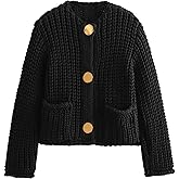 Hvewarm Womens Fall Chunky Knit Cardigan Gold Button Down Long Sleeve Crop Crochet Sweater