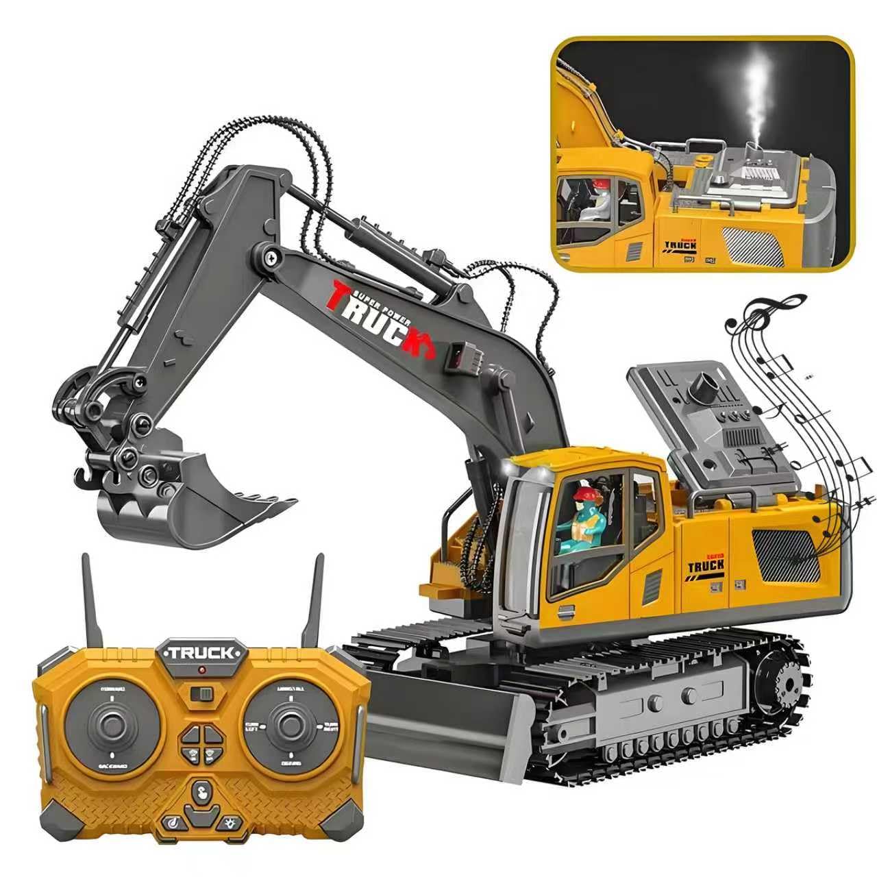 Photo 1 of 1:20 RC Excavator Construction Truck Toy, 13CH 2.4GHz Remote Control Excavator Toy, with Metal, Lighting/Music/Spray, Rotable 680°, Suitable for Children Aged 6-12, Boy's Birthday Gift