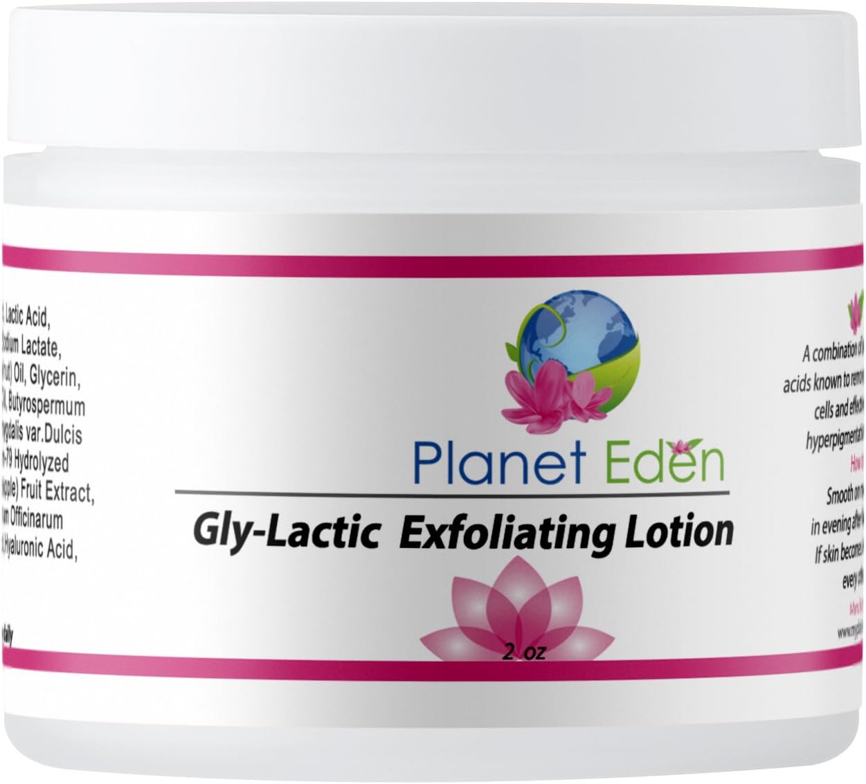 Planet Eden Gly-Lactic Exfoliating Lotion Cream with 10% Glycolic Acid and 10% Lactic Acid - Organic Ingredients with Hyaluronic Acid for Aging and Sun Damaged Skin