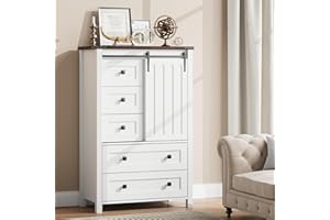 48 Inch Tall Farmhouse Dresser, 5 Drawer Wood Chest of Drawers with Sliding Barn Door and Adjustable Shelf, Vertical Storage 