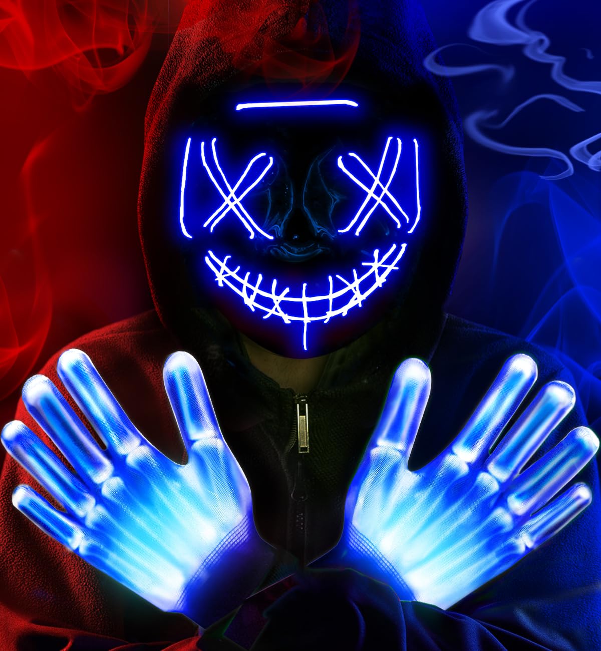 Photo 1 of letosan Halloween Mask LED Light Up Purge Mask with LED Gloves, 3 Modes Glow Scary Halloween Costume for Kids Boys Girl Teen Halloween Decorations Cosplay Anonymous Carnival Costumes