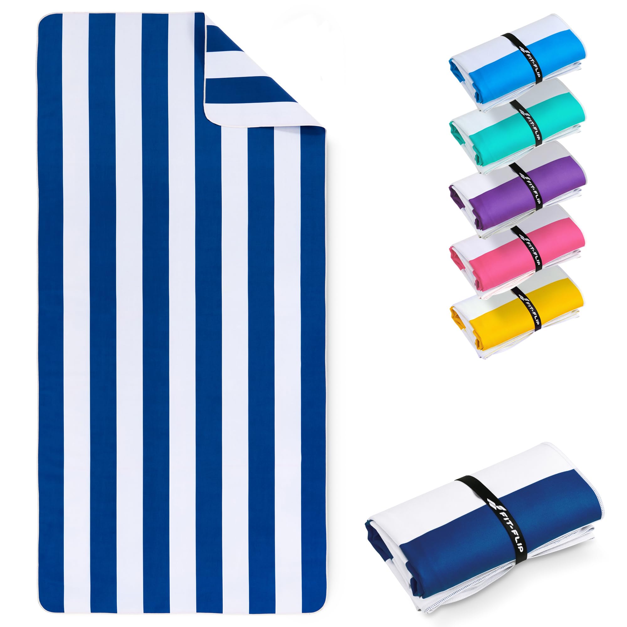 Fit-Flip Beach towel microfibre - large quick dry towels - for travel and swimming - lightweight, compact and super absorbent - sand free, 100% recycled - White-Navy Blue stripes 200x90cm