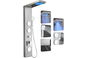 ROVOGO Shower Panel Tower System with Led Lights, 2-Mode Shower Head, 3 Body Jets, Handheld and Tub Spout, 46.5" Stainless Steel Shower Column with Mixer Valve, Brushed