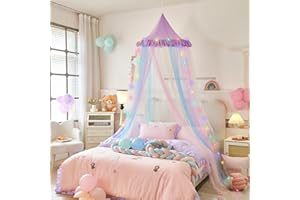 Rainbow Bed Canopy for Girls and Adult, Colorful Mesh Stitching Mosquito Net w/Rainbow LED Star Lights String, Princess Dome 
