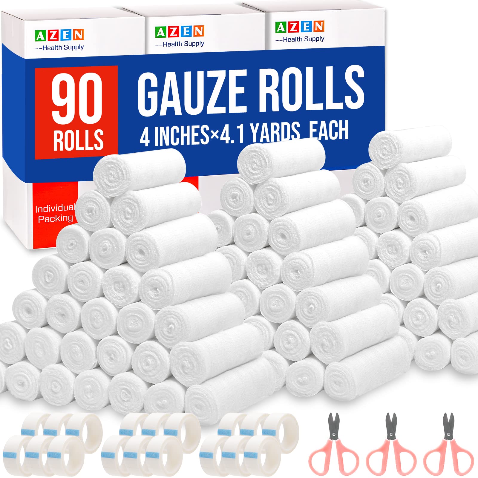 AZEN 90 Pack Gauze Rolls Bandages, 4 in x 4.1 Yards, Premium Medical Supplies & First Aid Supplies, Bandage Wrap Vet Wrap, Mummy Wraps (3 Boxes x 30 Rolls)