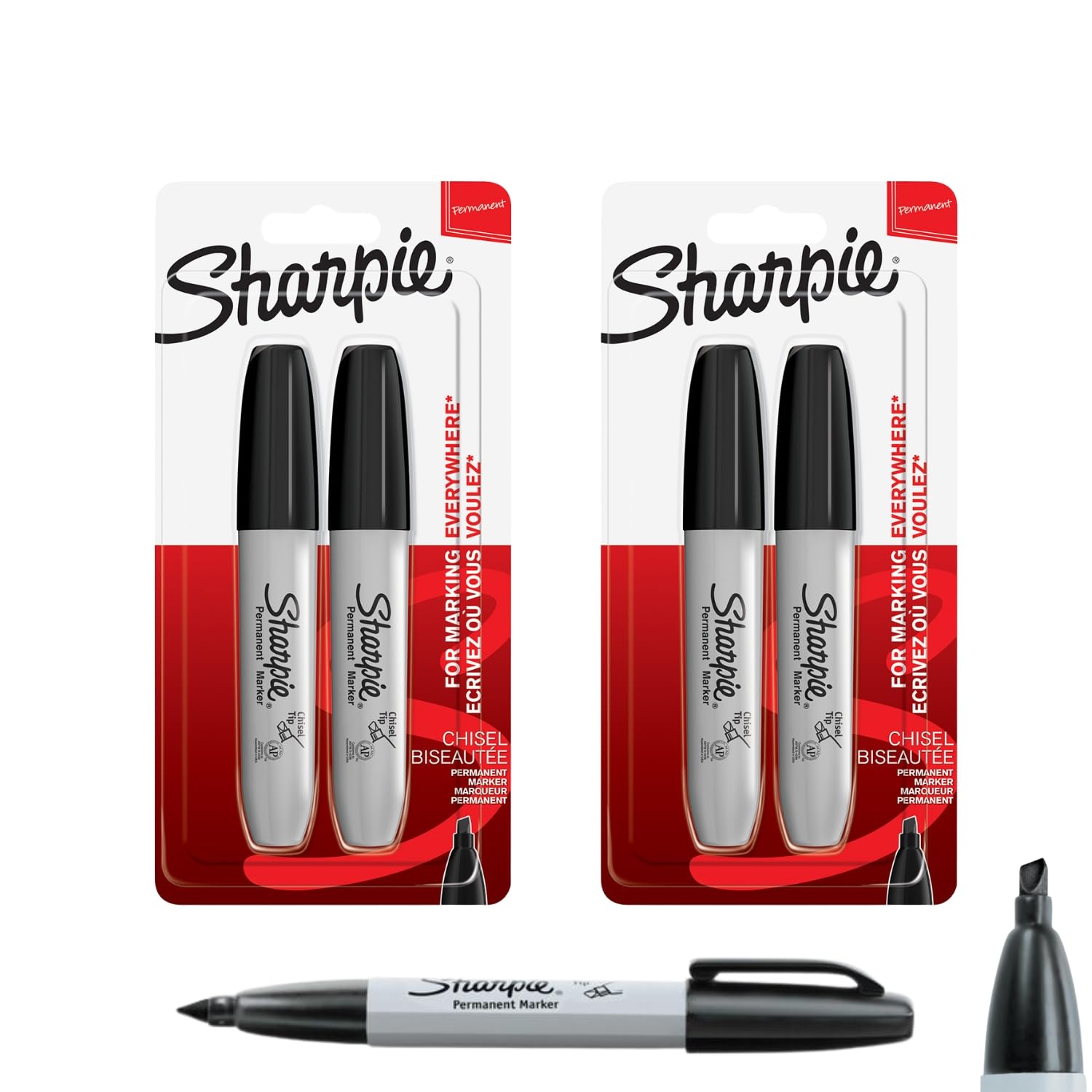 Sharpie Chisel Tip Permanent Markers, Black, Bulk Pack of 4 (Two 2-Packs) | Bold, Quick-Drying Ink | Versatile Markers for Industrial, Office, and Home Use on Metal, Wood, and Plastic