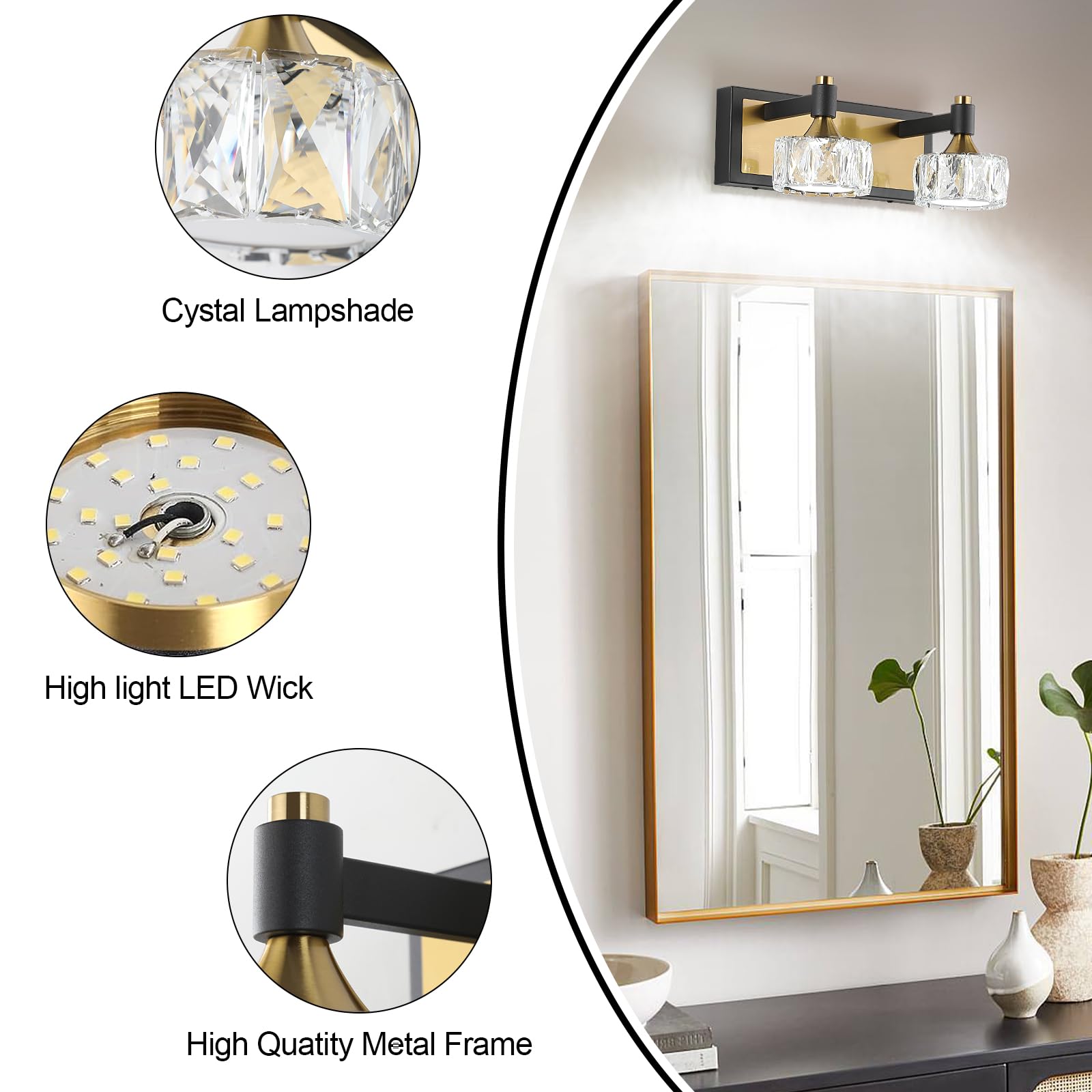 Crystal Wall Sconces Black Gold Wall Light Fixtures Bedroom Wall Lights with Glass Shade Modern Sconces Wall Lighting Black Sconce for Living Room Bathroom Wall Lamp