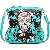 Gothic Sugar Skull Crossbody Purse for Women Rhinestone Studs Shoulder Bag | Western Cowgirl Biker Handbag, Adjustable Strap, Multi Pocket Organizer, Zipper Closure, Studded Punk Rock Rodeo Style