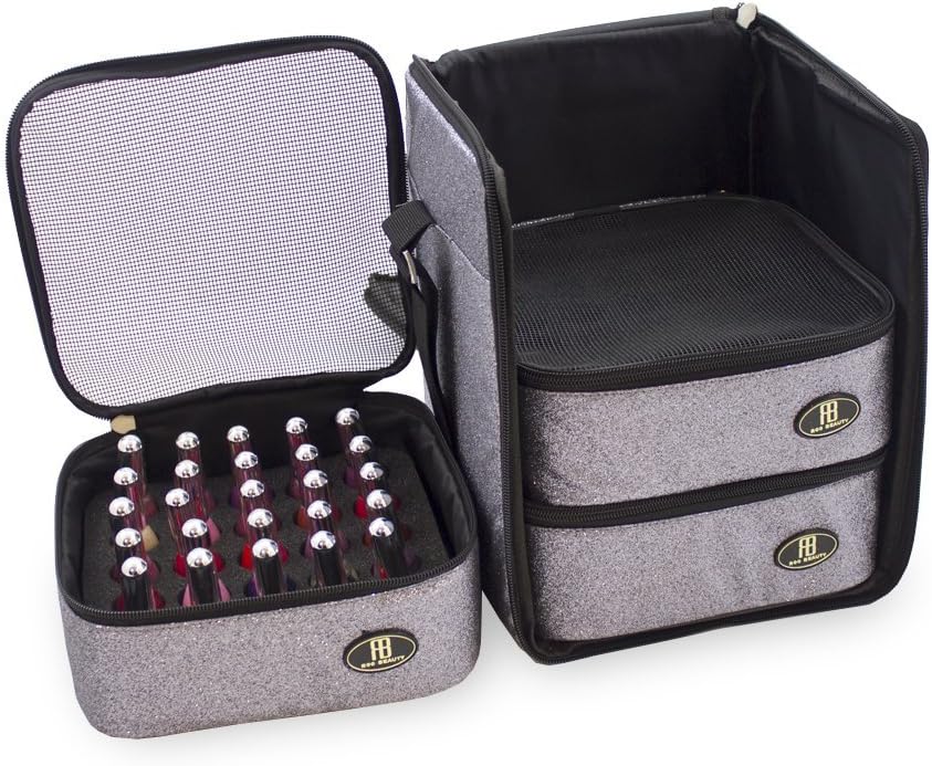 Roo Beauty Nail Polish Varnish Cube, Manicure Storage Bag, Makeup Cosmetic Case in Silver Glitter