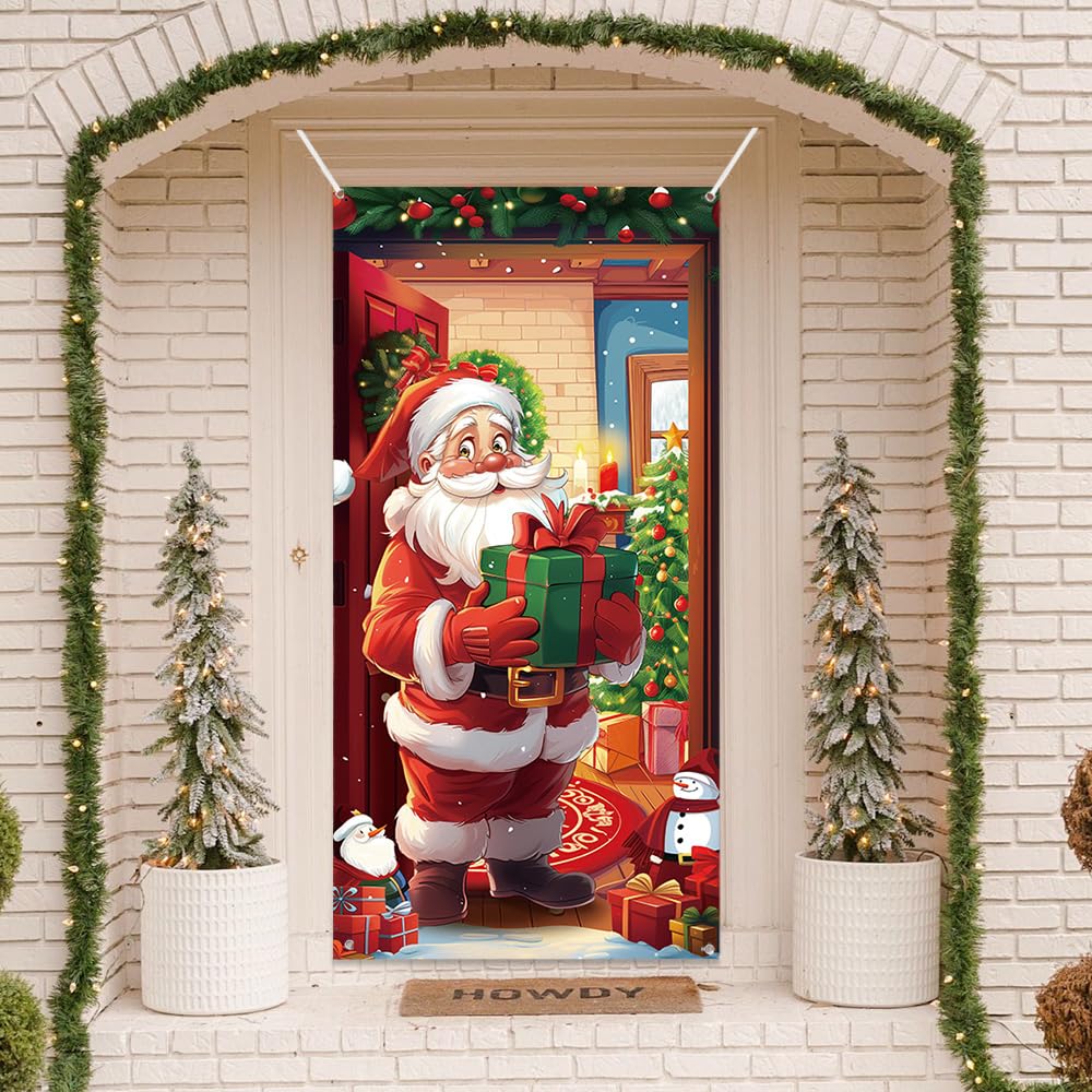 MEHOFOND 2.95x6ft Christmas Door Cover Decoration Santa Claus Gifts Hanging Banner Xmas Backdrop for Photography Photo Booth Props Home Decorations Cover Outside Indoor Porch Props