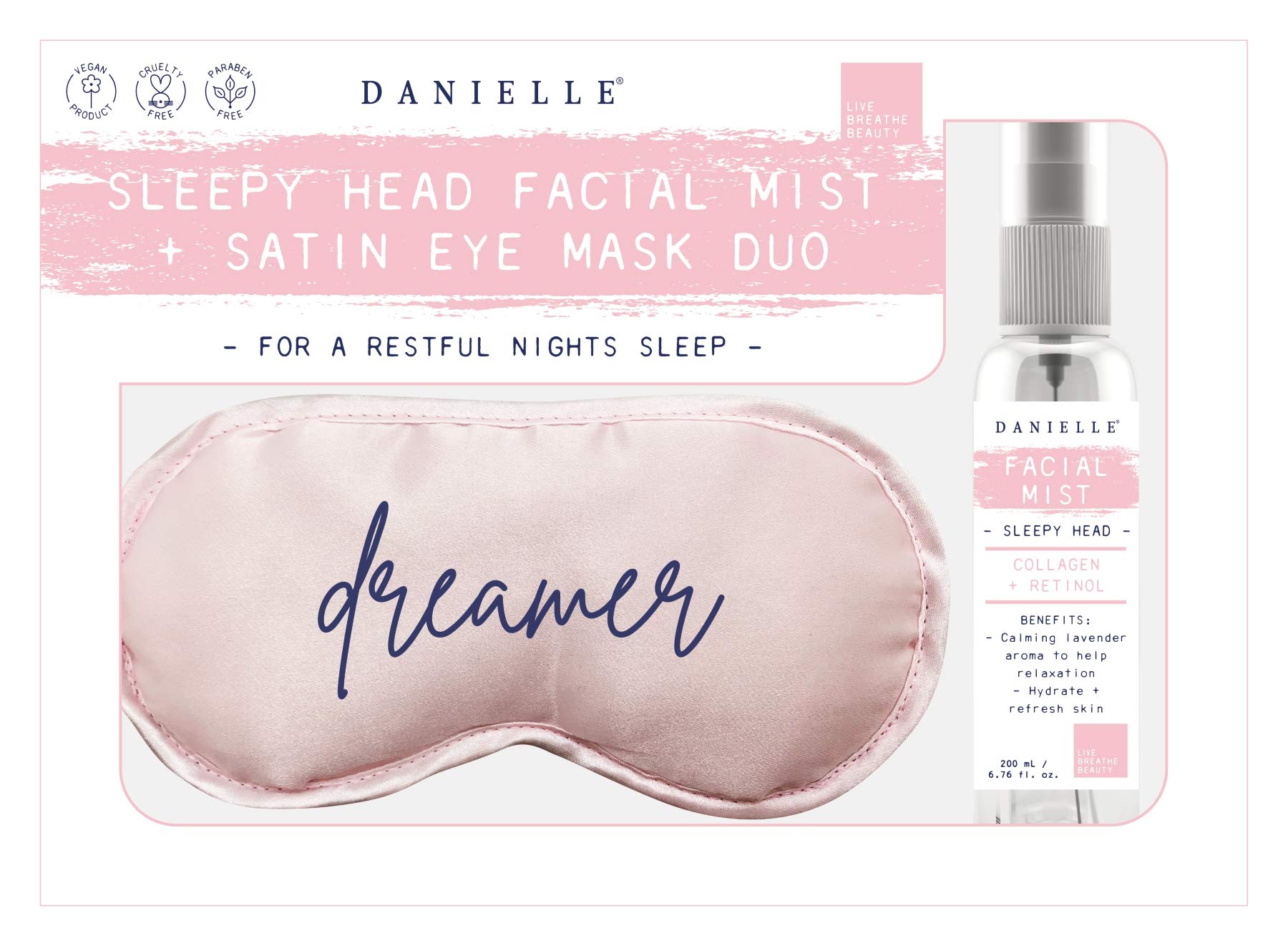 Danielle Creations Sleepy Head Facial Mist With Blush Pink Satin Eye Mask Set