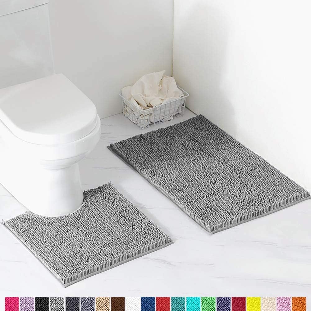 LuxUrux Bathroom Rugs Luxury Chenille 2-Piece Bath Mat Set, Soft Plush Anti-Slip Bath Rug +Toilet Mat.1'' Microfiber Shaggy Carpet, Super Absorbent (Curved Set Small, Light Grey): Kitchen & Dining