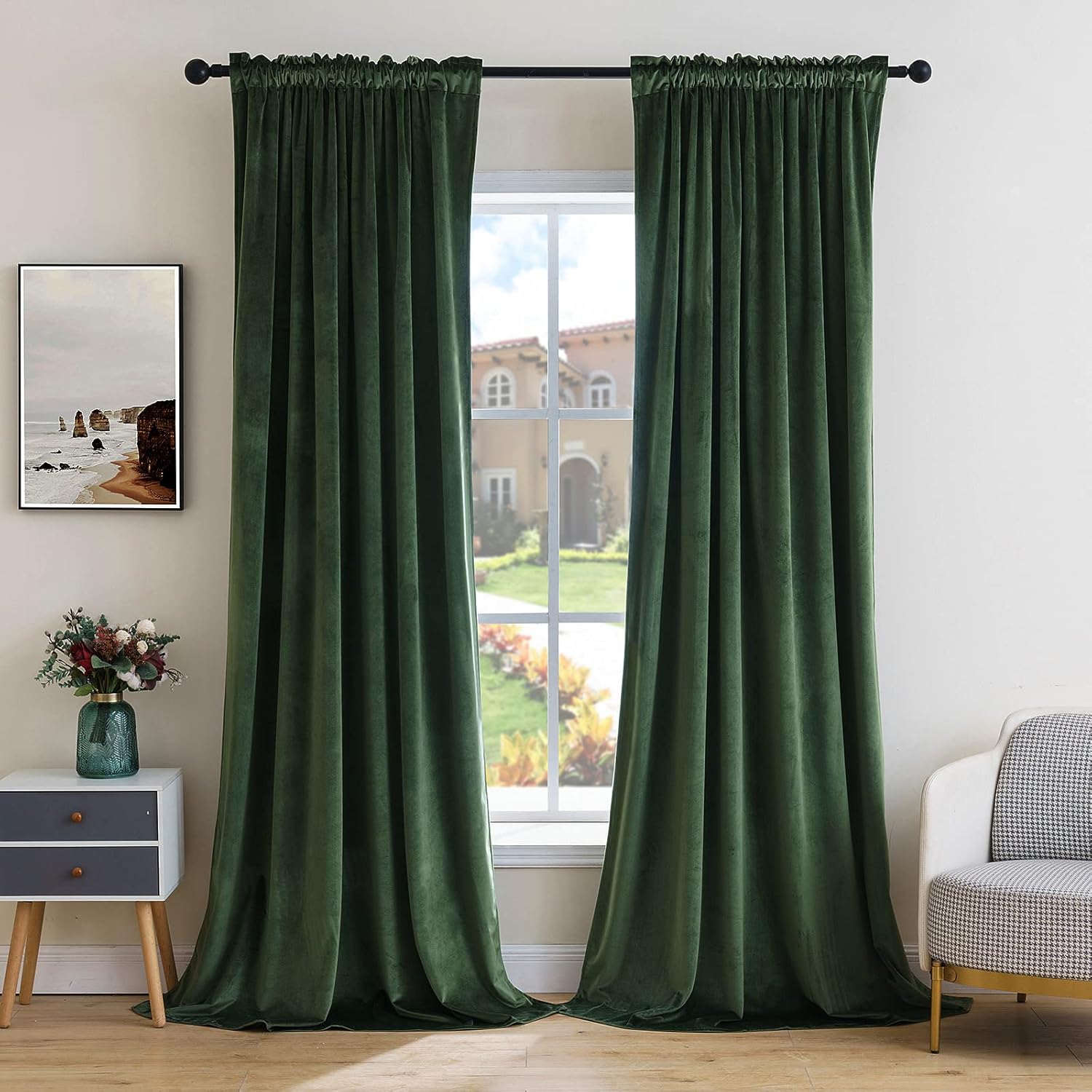 Window Treatments - MIULEE Olive Green Velvet Curtains Thermal Insulated Blackout Curtain Drapes for Bedroom Living Room Darkening 84 Inches Long Curtains Panels Rod Pocket Set of 2