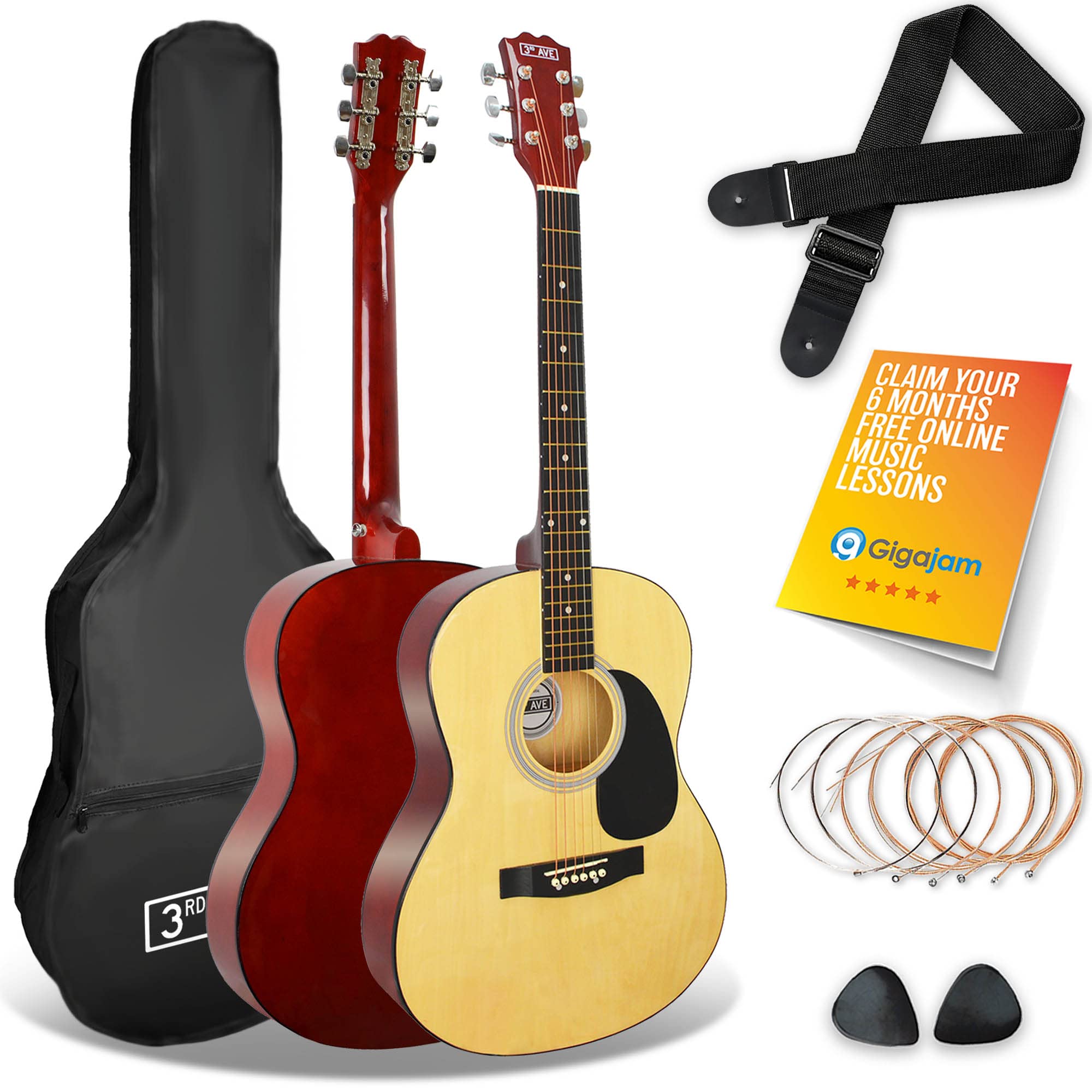 3rd Avenue Full Size 4/4 Acoustic Guitar Steel String Pack Bundle for Beginners - 6 Months FREE Lessons, Bag, Picks and Spare Strings - Natural