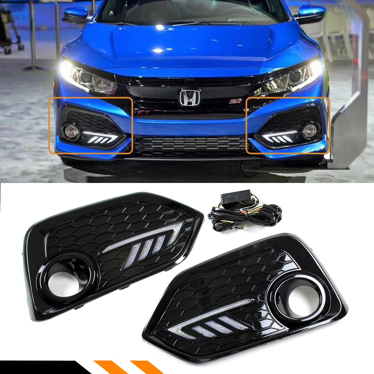 Amazon Com Fits For 2016 18 Honda Civic Si Fk4 5 Door Hatchback Glossy Black Fog Light Cover Switchback White Amber Led Strip Drl Automotive