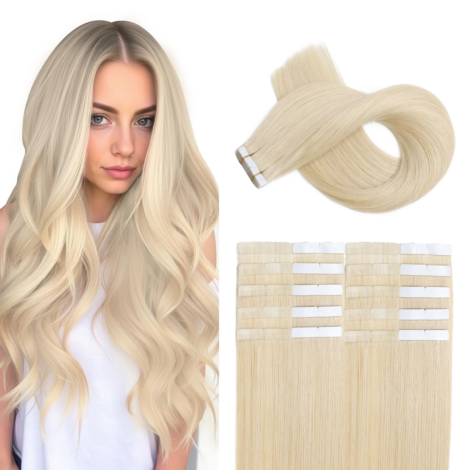 XDhair Tape in Hair Extensions 20Pcs 50G 16inch Silk Straight Platinum Blonde Tape in Real Human Hair Extensions for Fashion Women (#60, 16Inch)
