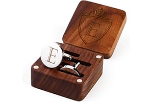 PROPHET CLUE PC Mens Initial Silver Cufflinks A-Z Alphabet Letter Steel Cuff Links with Engraved Walnut Wood Box Groom Groomsman Wedding Set…