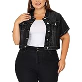 Agnes Orinda Plus Size Denim Jacket for Women Short Sleeves Button Down Cropped Jean Jackets