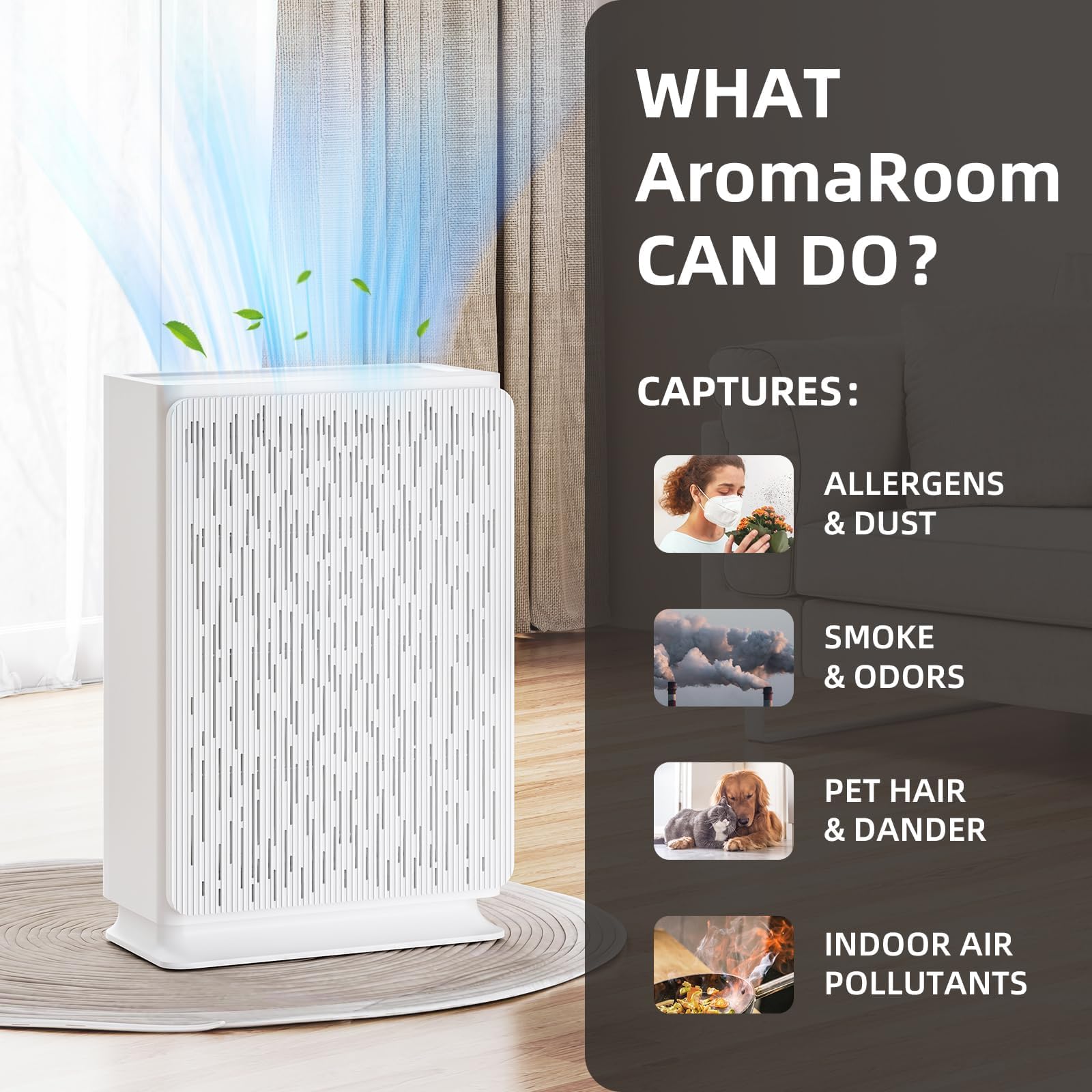 AromaRoom HEPA14 Air Purifier for Large Rooms up to 2100 Sq Ft, Smart PM 2.5 Sensor & Auto Mode, 99.99% Removal of Dust, Pollen, Pet Dander, Ultra-Quiet 22dB for Bedroom, Office - White