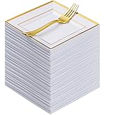 Goodluck 240PCS 6.5" Square Gold Dessert Plastic Plates with 7.4" Forks, Gold Appetizer Plates for 120 Guests, Including 120 Disposable Cake Plastic Plates and 120 Forks for Wedding/Birthday Party