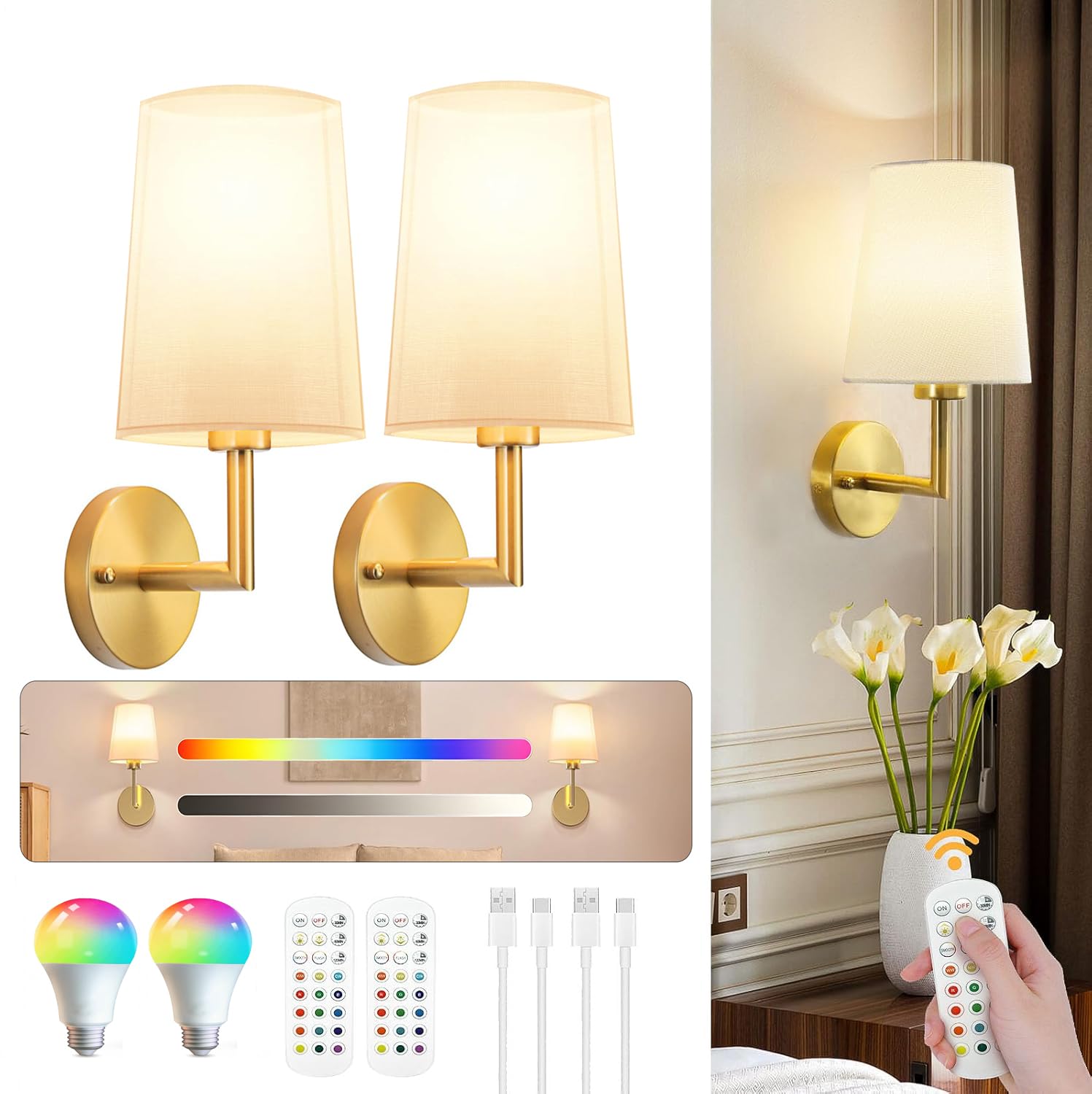 Photo 1 of JKEYES Battery Operated Wall Sconce Set of 2, Gold Cordless Wall Lights with 5200mAh Dimmable Detachable Rechargeable Bulbs, 12 Colors Sconces Wall Decor for Bedroom Living Room Hallway