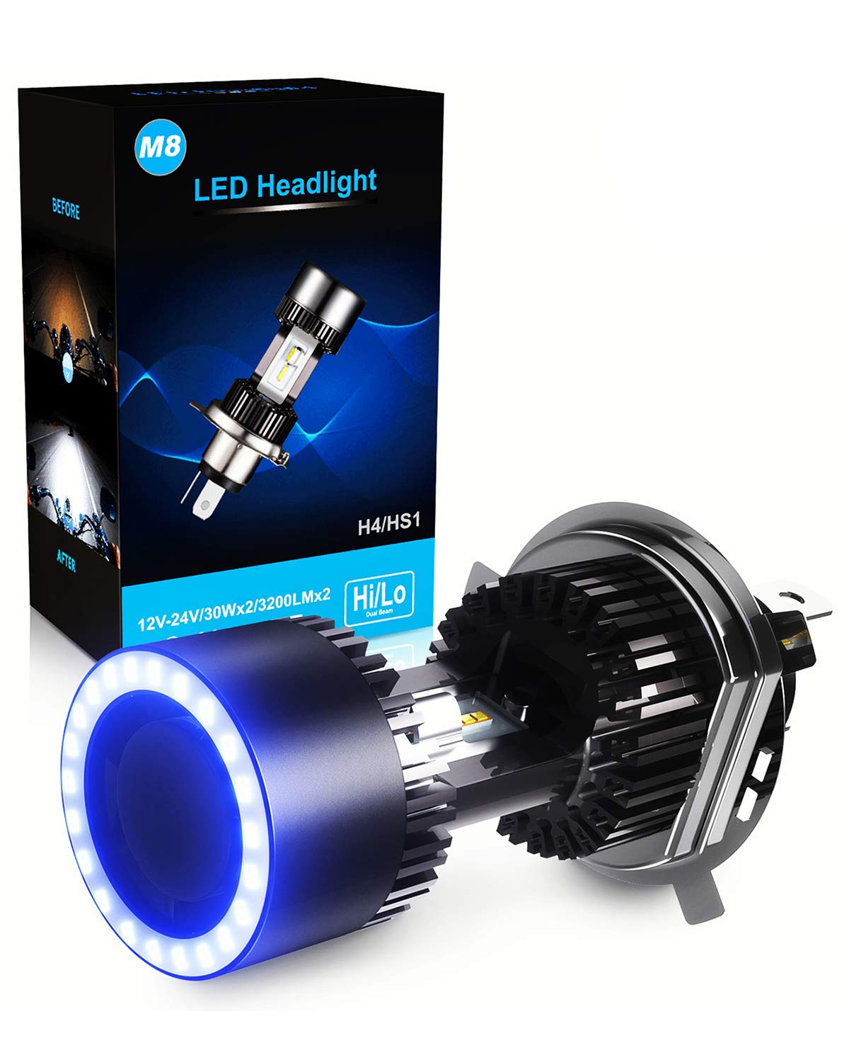 CAR WORK BOX H4 HS1 LED Motorcycle Headlight Bulb with Angel Eye, DC 12V, 6000K White, 1 Pack