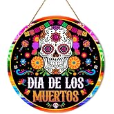 Day of The Dead Wall Decor Sign, Mexican Skull Round Hanging Sign Dia De Los Muertos Decorations for Home, Front Door, Patio, Porch