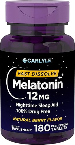 Carlyle Melatonin 12 mg Fast Dissolve 180 Tablets | Nighttime Sleep Aid | Natural Berry Flavor | Vegetarian, Non-GMO, Gluten Free