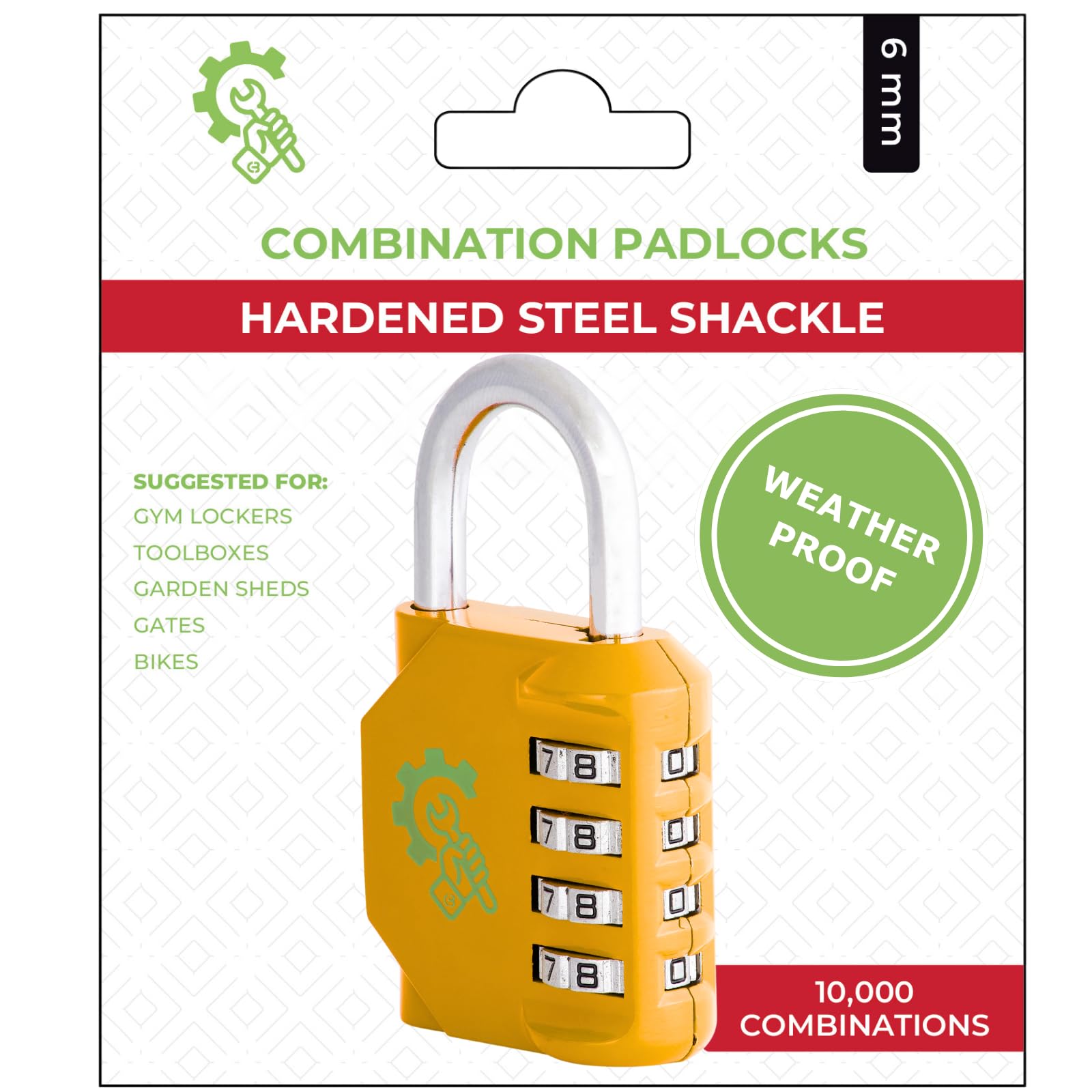 Yellow Coded Number Lock | Combination Padlock, 4 Digit, Weatherproof Padlock, Hardened Steel Shackle, 10,000 Combinations